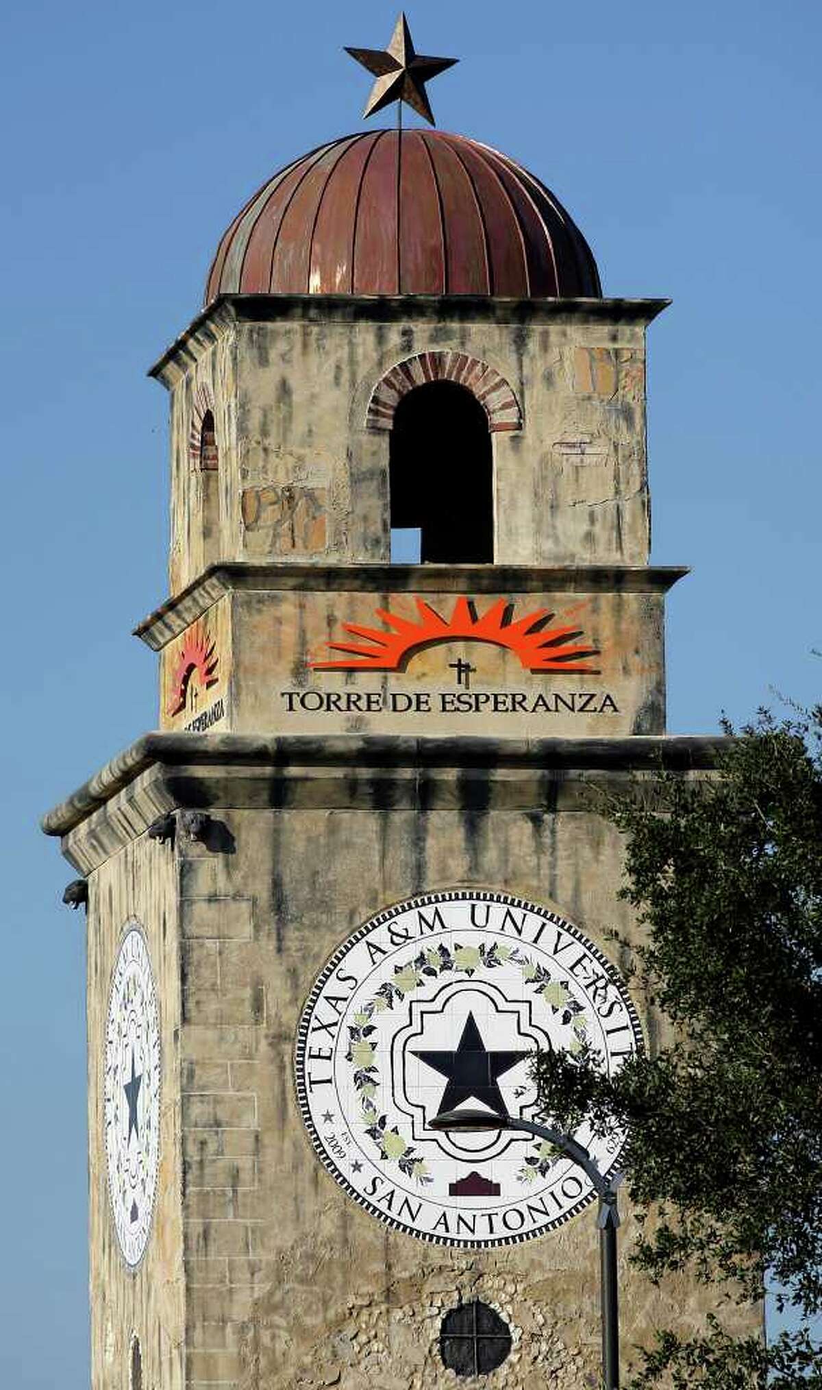 A spokeswoman for Texas A&M University-San Antonio says the crosses are meant to evoke the Spanish missions. She said the university had an opportunity to review the design.