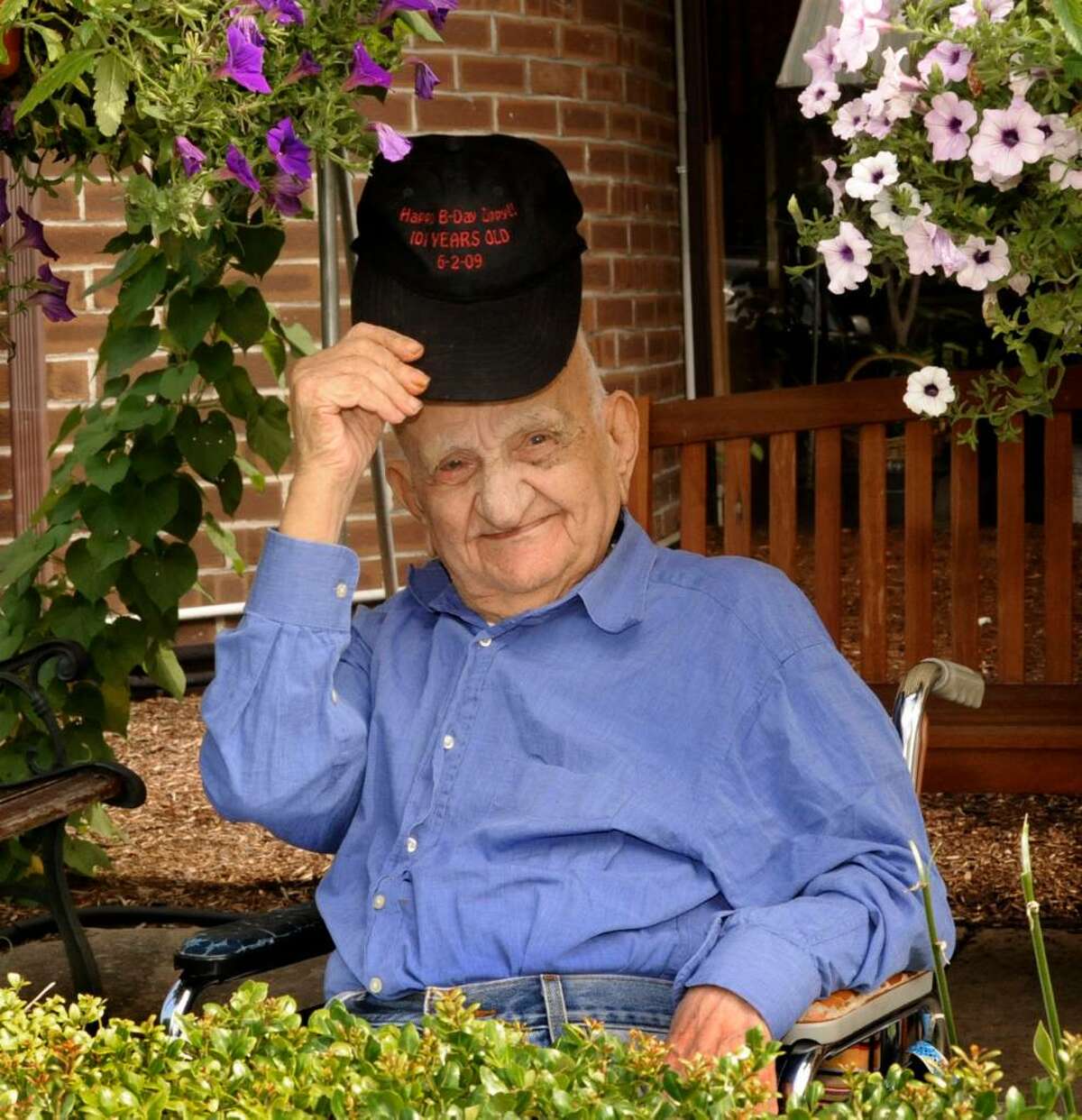 Genaro Zipparo, who turned 101 this June, outside Danbury HealthCare on thursday.