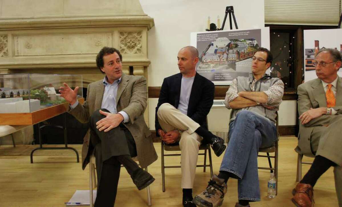 Bedford Square Associates' partners discuss their redevelopment plans for Church Lane at a public forum at the Westport Weston Family Y on Wednesday, Nov. 2, 2011. From left are: Paul Brandes, Dan Zelson, David Waldman and Lance Sauerteig.