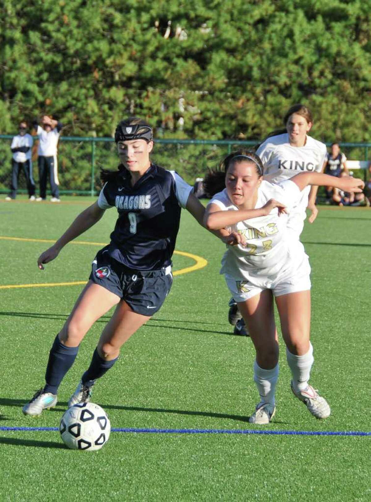 Greens Farms Academy defender and Westporter Georgie Garner, left, helped the Dragons earn two shutouts last week, improving GFA's record to 10-3-4.