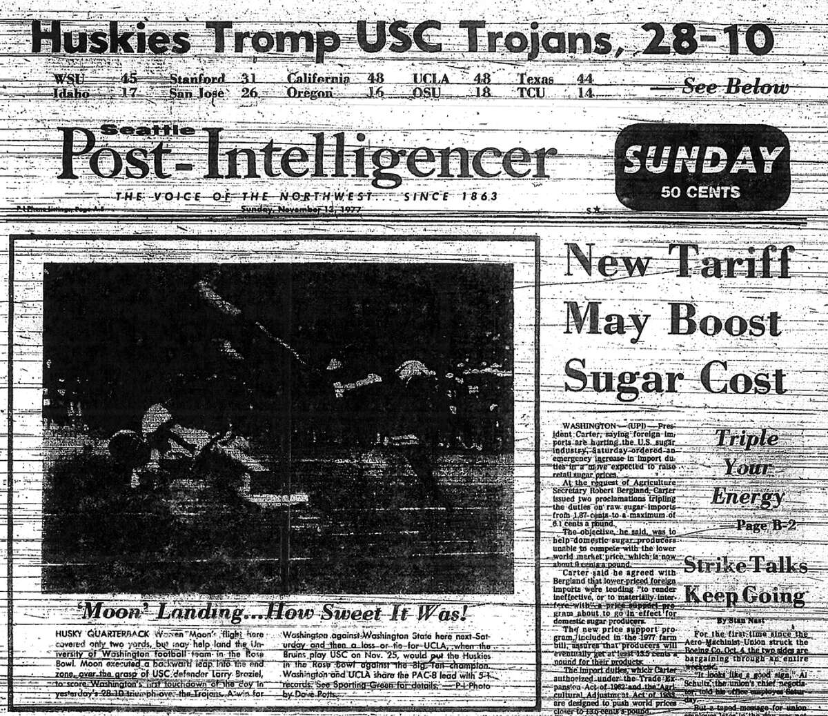 No. 9, Nov. 12, 1977 – Washington 28, USC 10. The first of many memorable Husky wins over USC in the Don James era. After starting the season 1-3, the Huskies finished 6-1 in Pac-8 play to clinch the first Rose Bowl appearance of James’ career. This win over USC was perhaps the defining moment of that season, and marked the beginning of UW’s perennial competition with the Trojans for the conference crown.
