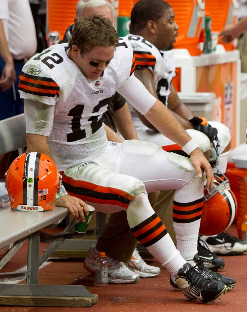 Injured Cleveland Browns running back Peyton Hillis (sock hat