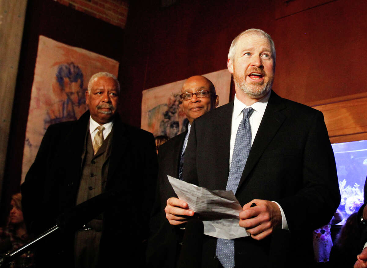Seattle Mayor Mike McGinn speaks after learning that a $232 million Seattle education levy passed at the Elysian Fields restaurant in Seattle on Tuesday,