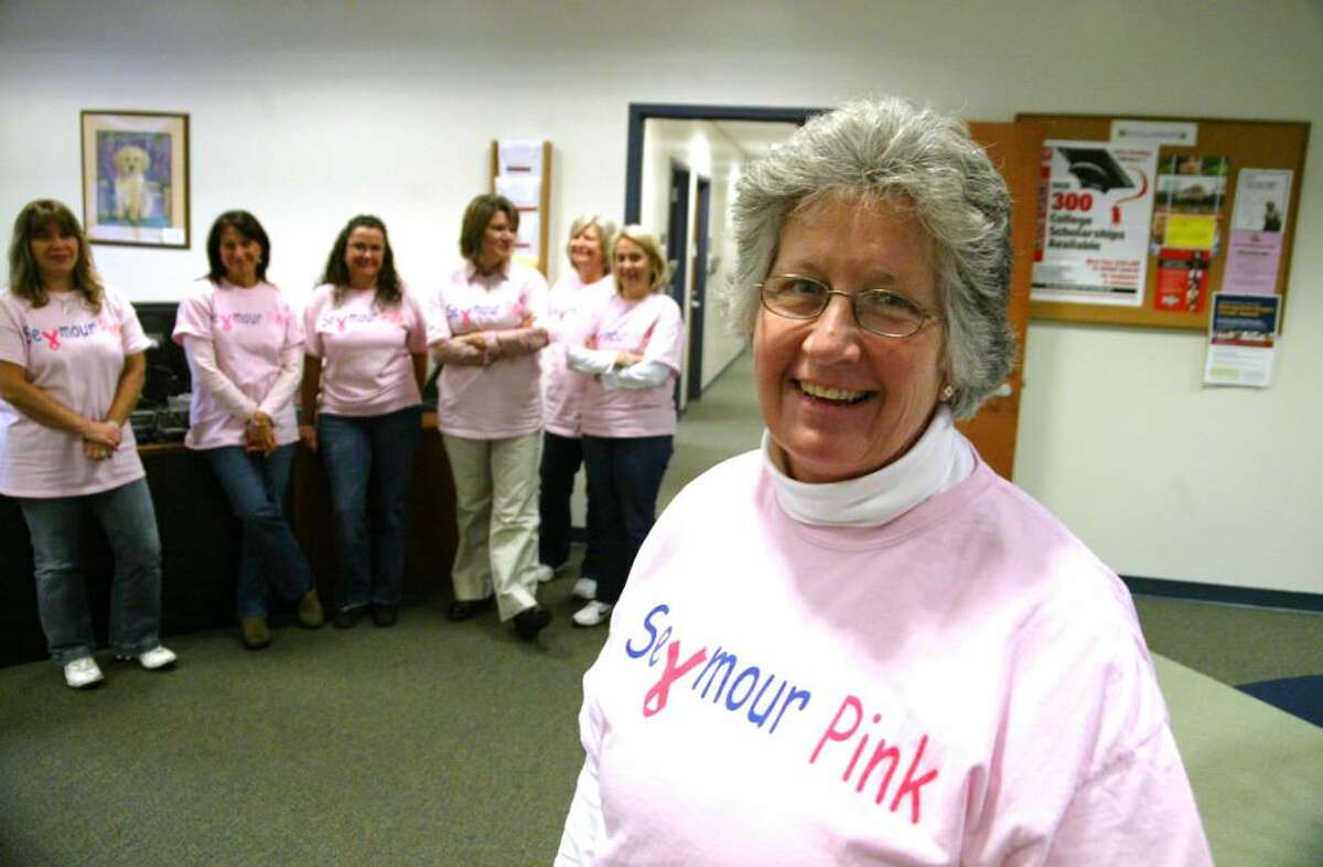 Seymour High School teacher, (R) Mary Deming came up with the idea of businesses and Seymour townsfolk wearing pink to raise community awareness about breast cancer. Today was Semour Pink Day at the high school and thoughout the community, Wednesday, Oct. 21, 2009.