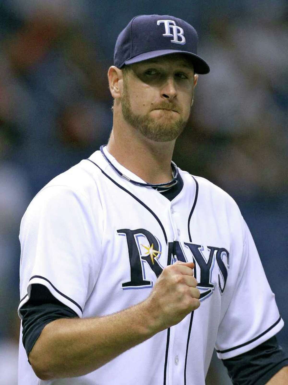 Tampa Bay Rays pitcher Jeff Niemann pumps his fist after throwing a two-hitter as the Rays beat the Toronto Blue Jays 9-0 in a baseball game Tuesday, June 8, 2010, in St. Petersburg, Fla. (AP Photo/Chris O'Meara)