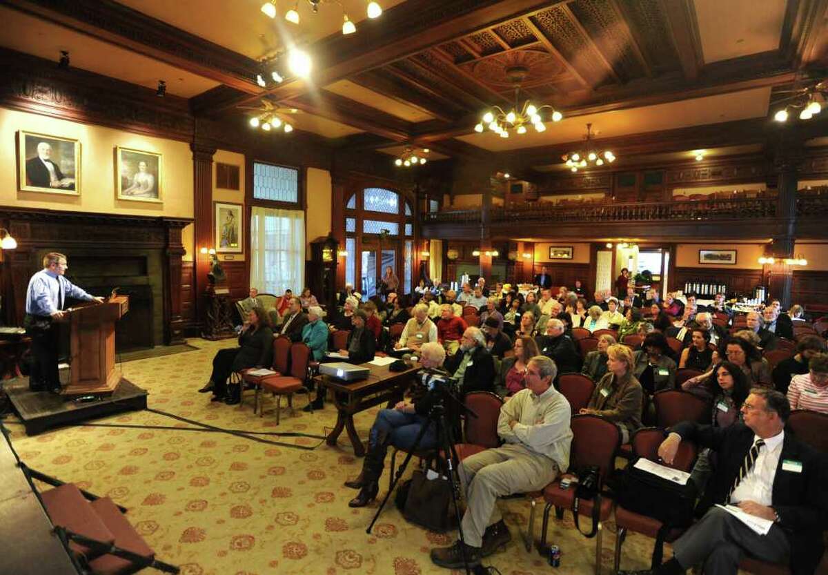 Ron Deutsch, New Yorkers for Fiscal Fairness and Omnibus Consortium, speaks at a meeting involving people who oppose the new tax cap at the Mohonk Mountain House in New Paltz, N.Y. Monday, Nov. 14, 2011.(Lori Van Buren / Times Union)