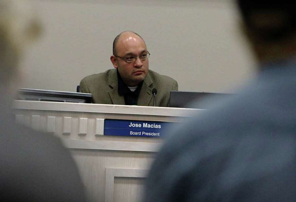 Judson Independent School District board president Jose Macias who is amid a center of allegations and faces censure oversees a special session meeting on Tuesday, Nov. 15, 2011.