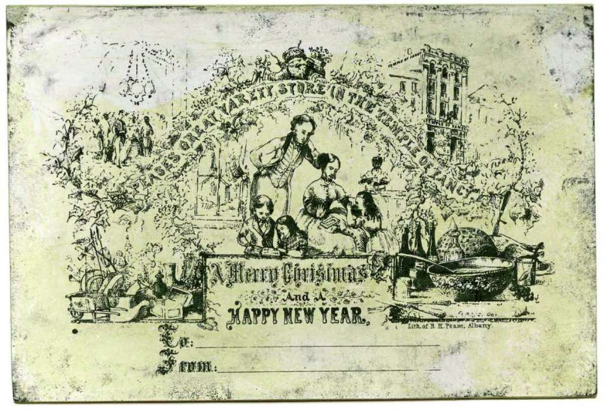 America's First Christmas Card Designed and printed by Richard H. Pease for his "Pease's Great Variety Store in the Temple of Fancy" c. 1851 Lithograph on heavy paper Image courtesy of Manchester Metropolitan University Special Collections