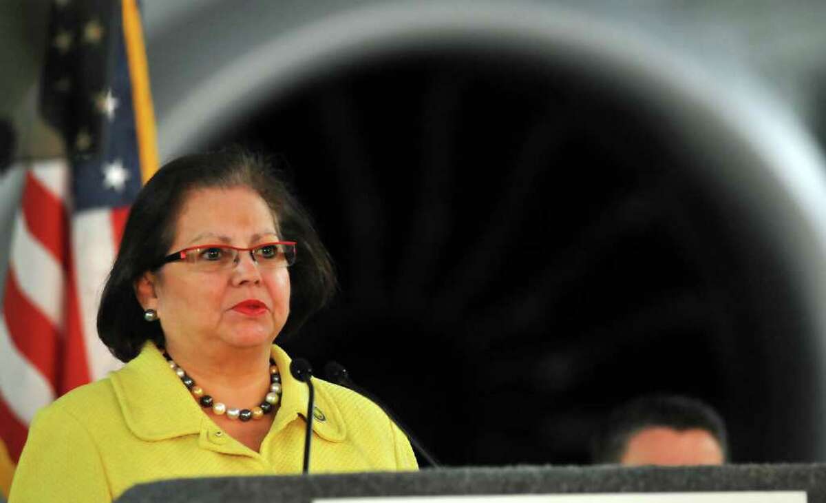 Texas Secretary of State Hope Andrade speaks during the unveiling of the Boeing 787 Dreamliner at the company facility in San Antonio, March 11, 2011.