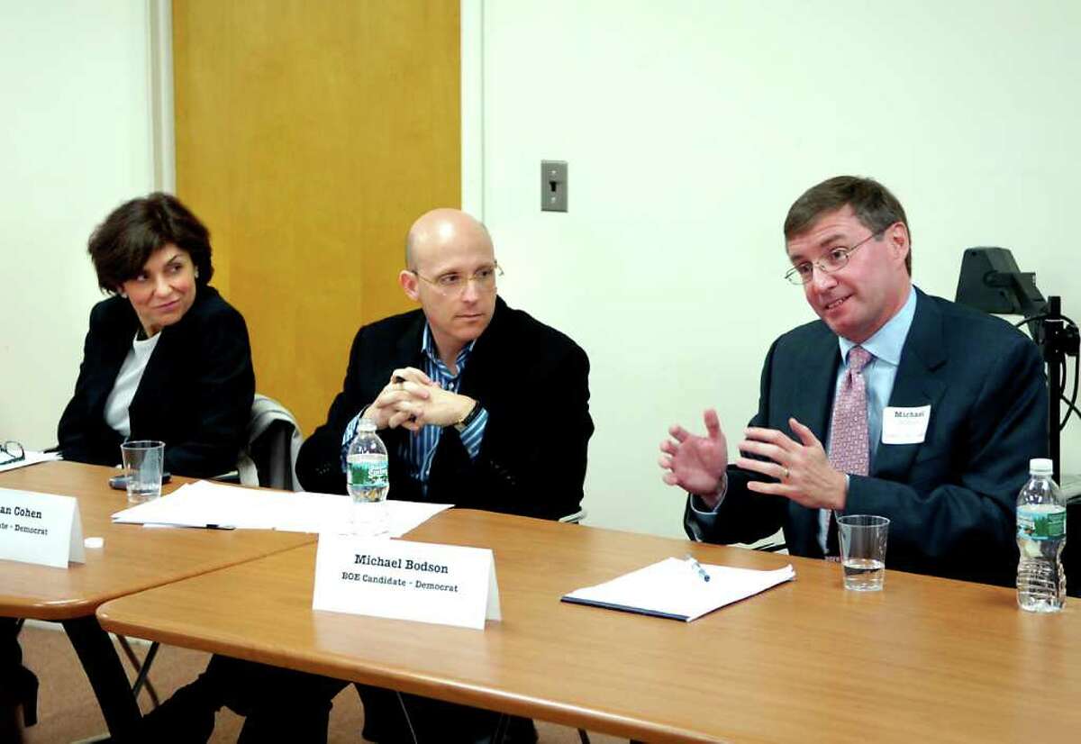 Greenwich Board of Education members, from left, Marianna Ponns Cohen, Jonathan Cohen and Michael Bodson, shown when they were running for the school board in November 2007.