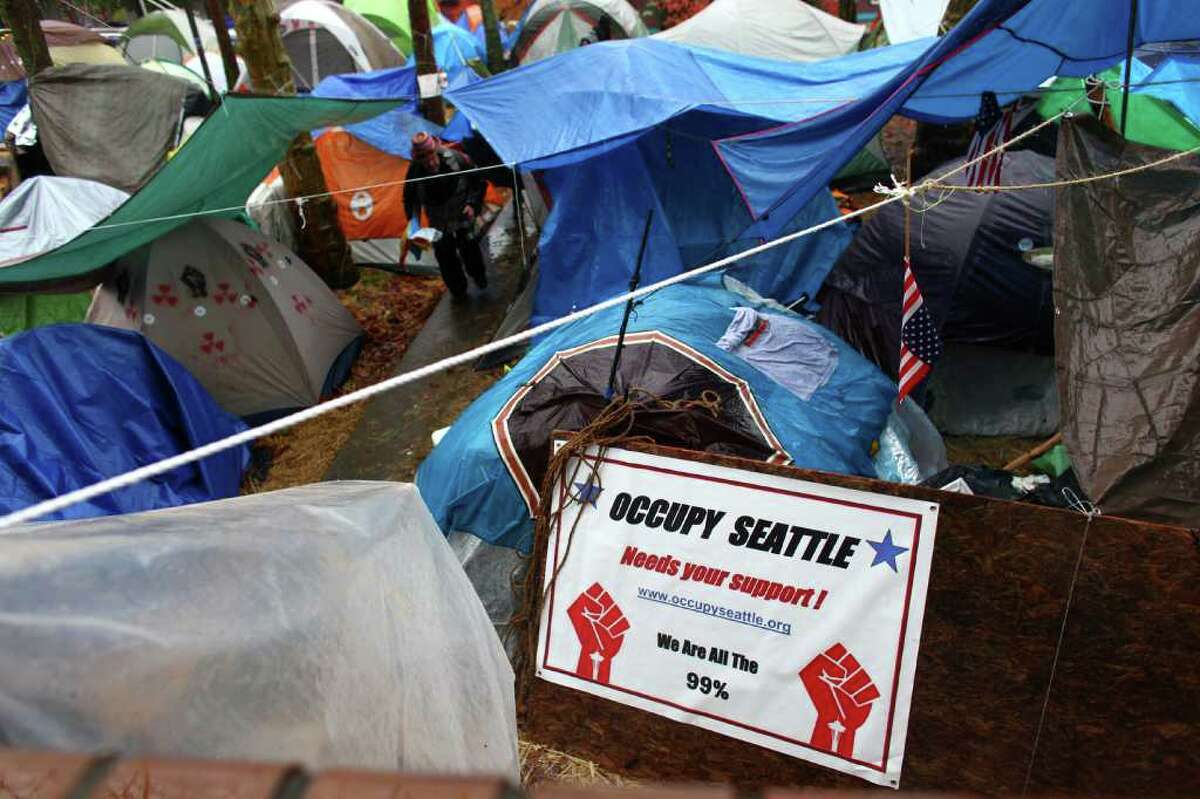 Tents are shown on Wednesday, November 23, 2010 at the Occupy Seattle encampment at Seattle Central Community College. Members of the camp were working to clean trash from the camp as a board of community college trustees were voting to evict Occupy Seattle from Seattle Central Community College campus.
