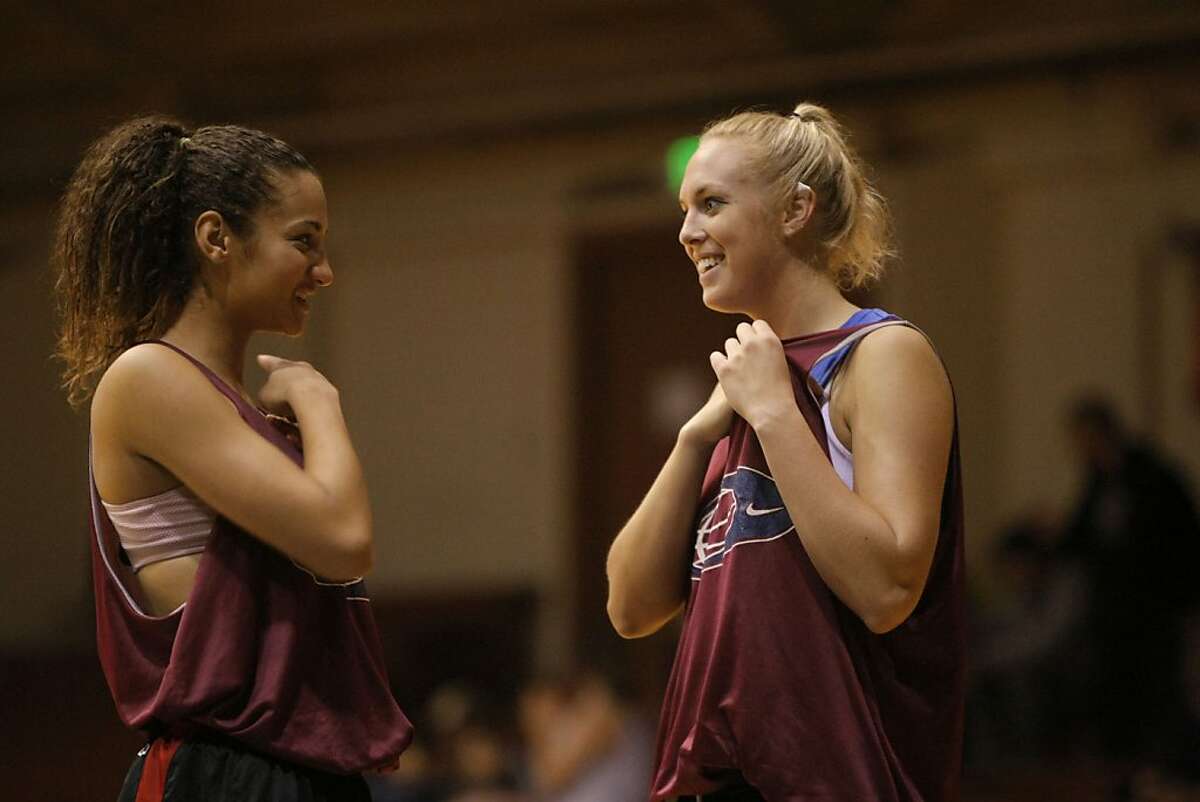 Stanford players Erica Payne and Taylor Greenfield joke around during a stoppage of play in a summer league game in San Francisco Calif., on July 9, 2011.