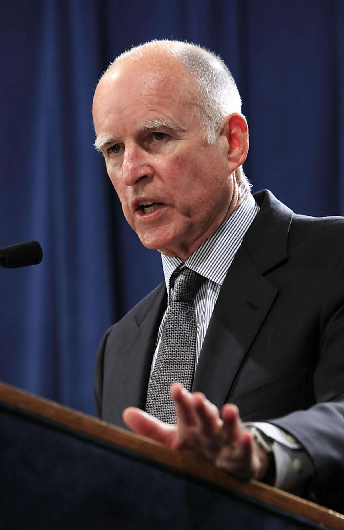 Gov. Jerry Brown discusses his prison realignment plan during a Capitol news conference in Sacramento, Calif., Thursday, Sept. 29, 2011. Brown's plan, which takes effect Saturday, Oct. 1, is aimed at slashing the state's costs and reducing its prison populations by allowing judges to send non-violent, lower level offenders to county jail for crimes such as property, white collar and drug offenses instead of state prison. (AP Photo/Rich Pedroncelli) Ran on: 10-10-2011 Gov. Jerry Brown's last day to act on more than 140 bills dealt with sensitive areas, such as health care. Ran on: 10-10-2011 Gov. Jerry Brown's last day to act on more than 140 bills dealt with sensitive areas, such as health care. Ran on: 10-10-2011 Gov. Jerry Brown dealt with sensitive areas in wrapping up more than 140 bills.