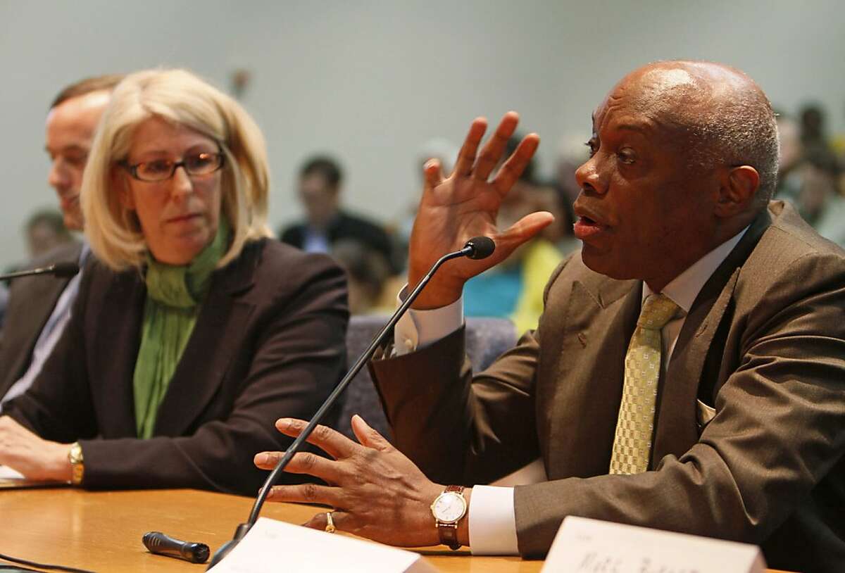 Former San Francisco Mayor Willie Brown, right, testifies against Proposition 16 as Nancy McFadden, left, a senior vice president of Pacific Gas and Electric Co. listens during a hearing of the California Public Utilities Commission in San Francisco, Wednesday, March 17, 2010. The California PUC is hearing public testimony on a June ballot initiative that would make it much harder for local governments to create or expand public power agencies. Proposition 16 would change the state constitution to require a two-thirds vote before local governments can use taxpayer funds to create or expand publicly owned utilities. The commission is holding a public meeting on it Wednesday afternoon. (AP Photo/Eric Risberg) Ran on: 03-18-2010 Nancy McFadden of PG&E listens to former Mayor Willie Brown testify in favor of Proposition 16 at the PUC meeting. Ran on: 03-07-2011 Nancy McFadden, a top adviser to Gov. Jerry Brown, got a $1 million severance package from PG&E.