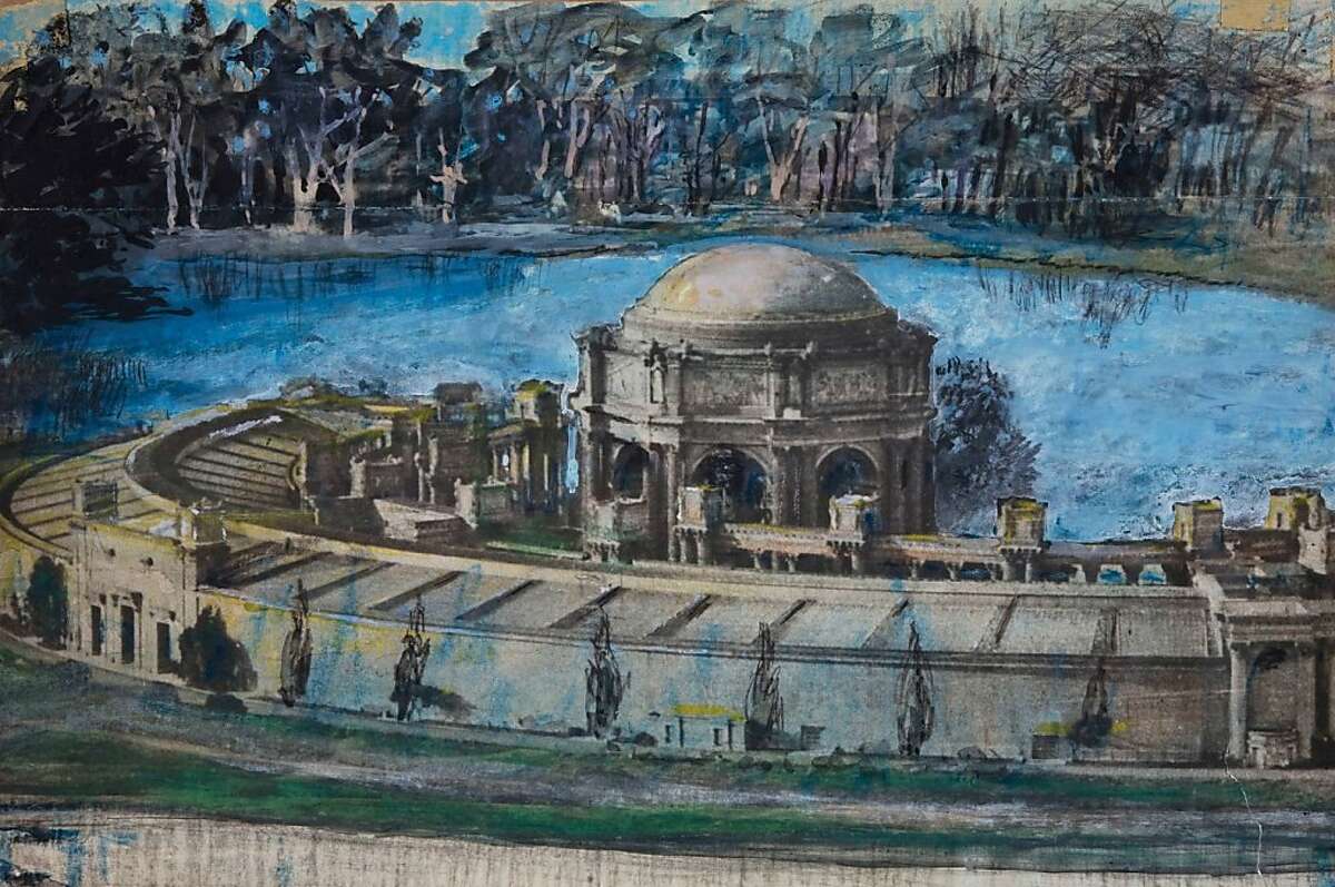 Bernard Maybeck did this tempura painting of the Palace of Fine Arts in 1914, the year before the Panama-Pacific International Exposition at which the Palace debuted. Ran on: 11-20-2011 Tempera painting on photograph of Palace of the Fine Arts, c. 1914, from Bernard Maybeck: Architect of Elegance. Ran on: 11-20-2011 Tempera painting on photograph of Palace of the Fine Arts, c. 1914, from Bernard Maybeck: Architect of Elegance.