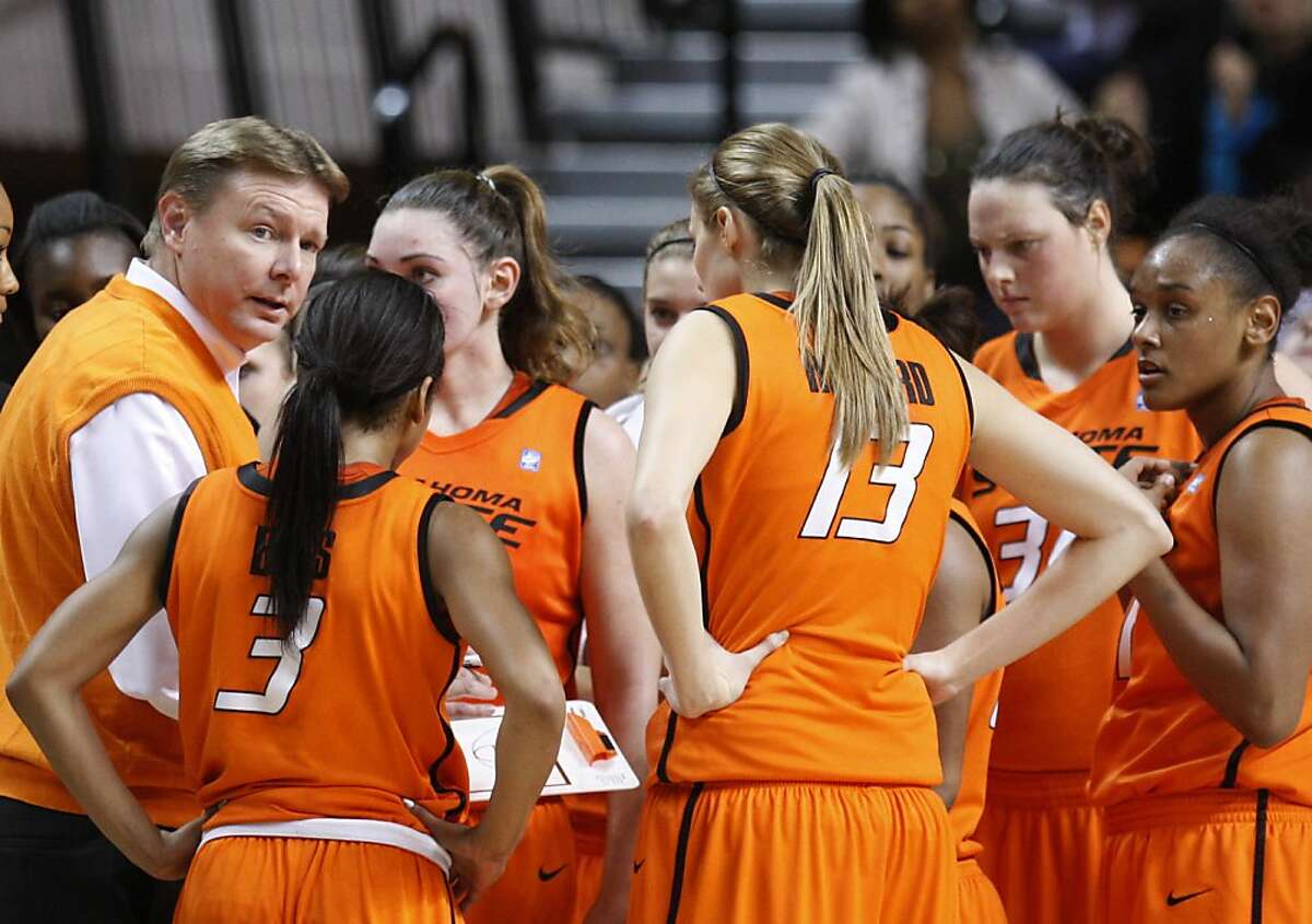FILE - In this Nov. 9, 2011 file photo, Oklahoma State head coach Kurt Budke, left, talks to his team during a time out in an exhibition college basketball game against Fort Hays State in Stillwater, Okla. Oklahoma State University says Budke and assistant coach Miranda Serna were killed in a plane crash in central Arkansas. The university said in a news release Friday, Nov. 18, 2011 that the two were on a recruiting trip to Arkansas when the plane crashed near Perryville, about 45 miles west of Little Rock. (AP Photo/Sue Ogrocki, File)