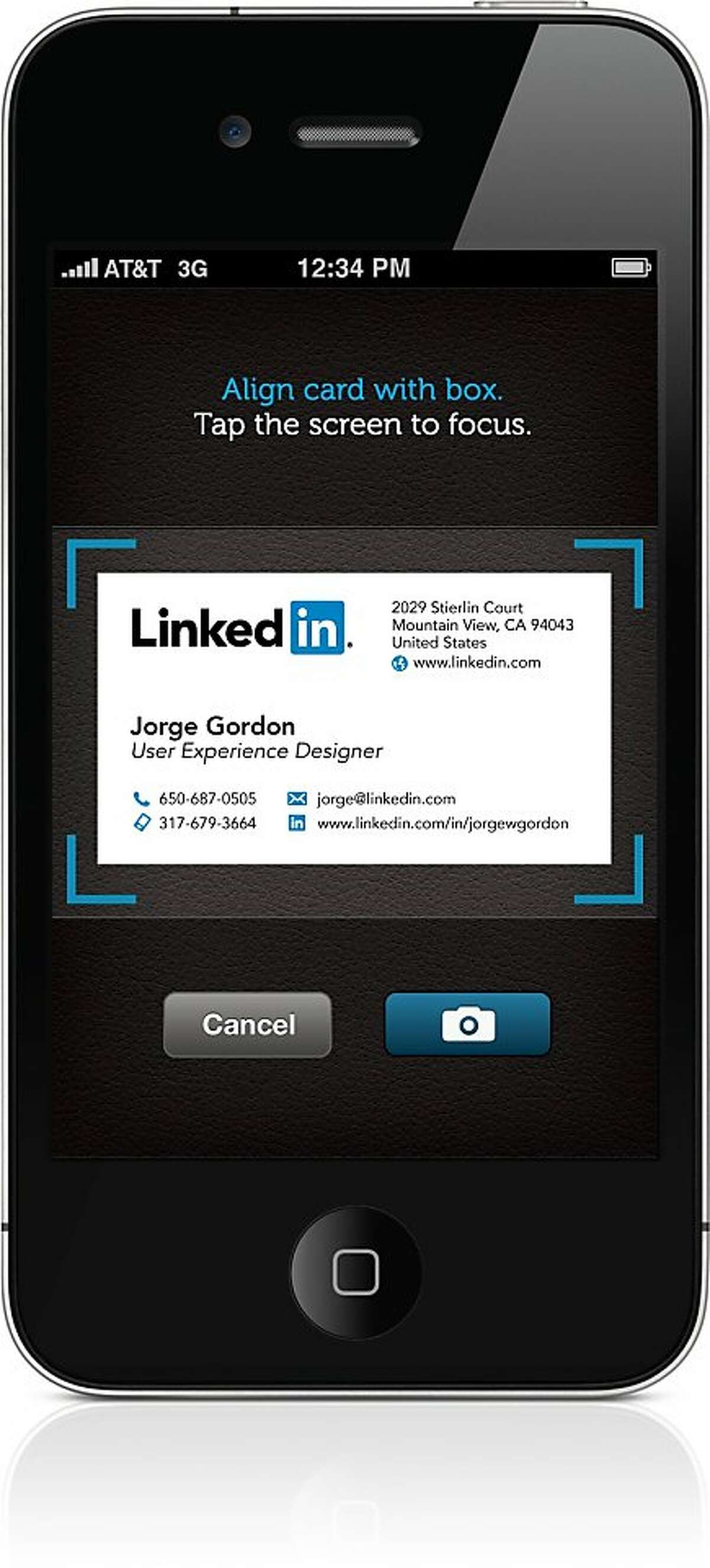 An undated screenshot of LinkedIn's new iphone app which takes photos of business cards and organizes them.