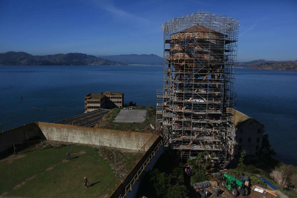 The water tower which is undergoing the beginning of an effort to stabilize the structure in order to ensure that further deterioration does not occur and to make the area safer is seen on Tuesday, November 15, 2011 on Alcatraz in San Francisco,Calif. Ran on: 11-16-2011 The water tower on the north end of the island is getting a big repair job.