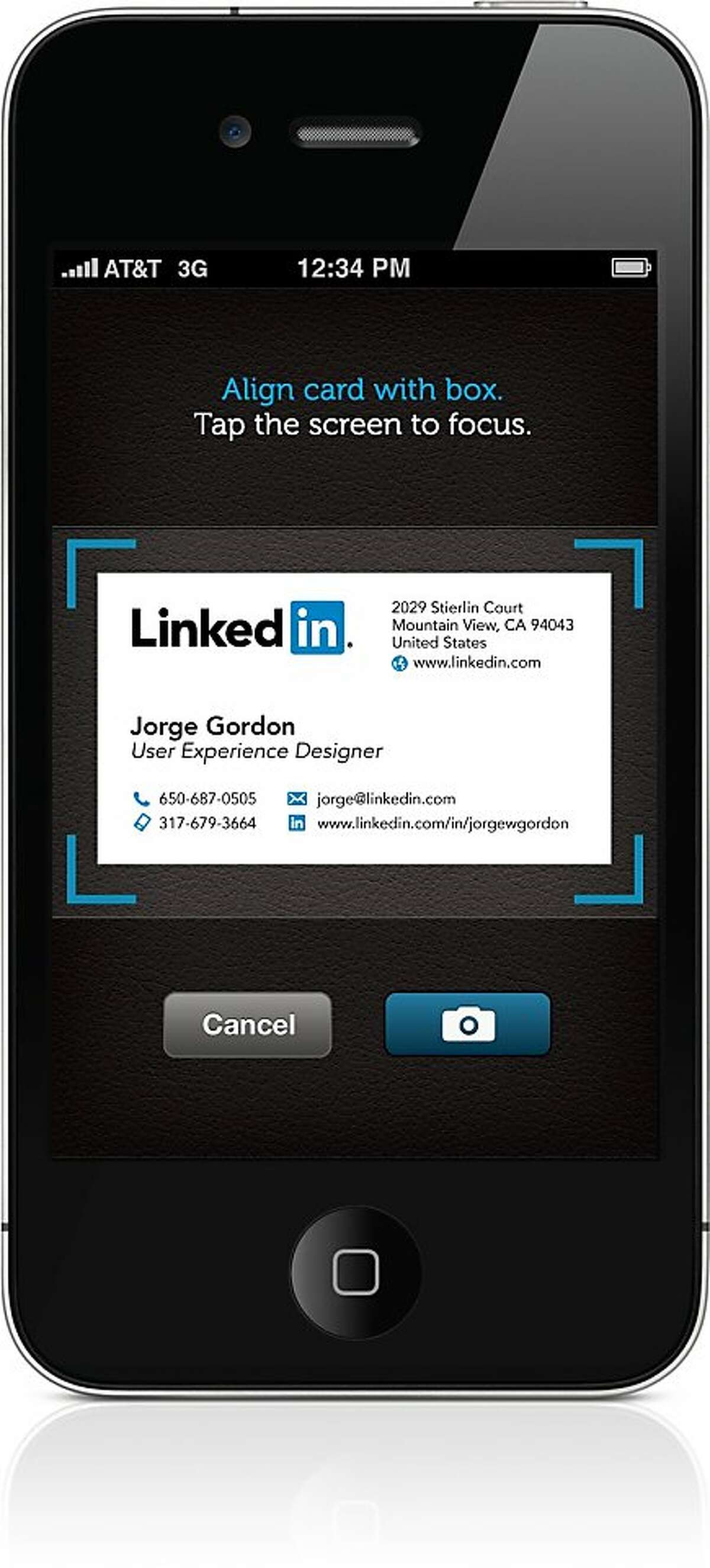 An undate screenshot of LinkedIn's iphone app which takes pictures of business cards and organizes them.