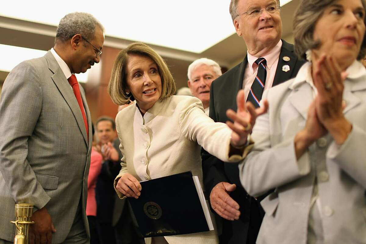 WASHINGTON, DC - JULY 27: House Minority Leader Nancy Pelosi (D-CA) (2ndL) leads a rally and news conference to mark the 46th anniversary of the passage of Medicare with U.S. Rep. Chaka Fattah (D-PA) (L), U.S. Rep. Sam Farr (D-CA) (2ndR) and U.S. Rep. Jan Schakowsky (D-IL) (R) in the U.S. Capitol Visitors Center July 27, 2011 in Washington, DC. Pelosi used the event to highlight what she called the House Republican's push to end Medicare as part of the ongoing federal budget and debt ceiling crisis. (Photo by Chip Somodevilla/Getty Images) Ran on: 07-28-2011 Minority Leader Nancy Pelosi (second from left) leads a rally to mark the 46th anniversary of the passage of Medicare.