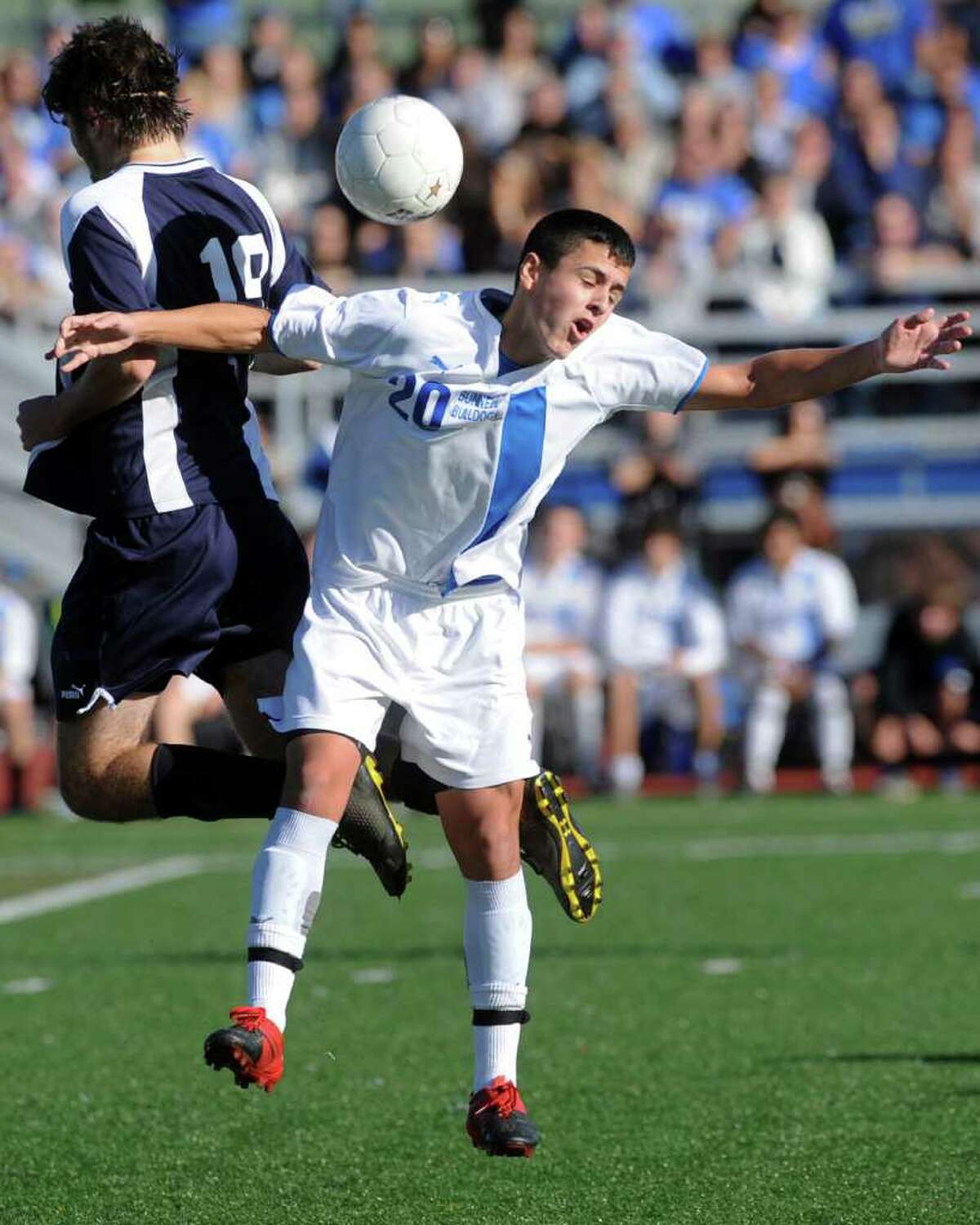 Bunnell's Christopher Carneiro in action against Avon's Max Leopold during the Class L boys state championship game, in Middletown, Conn. Nov. 26th, 2011. Bunnell defeated Avon 3-0.