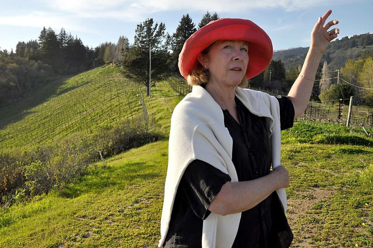 Judy Schultze of Windy Oaks Estate is fond of leading guests on a hike through the family vineyards to gawk at the view from a high ridge. Santa Cruz County -- Judy Schultze of Windy Oaks Estate is fond of leading guests on a hike through the family vineyards to gawk at the view from a high ridge. Christine Delsol / Special to The Chronicle ONE-TIME USE; CONTACT PHOTOGRAPHER FOR REUSE