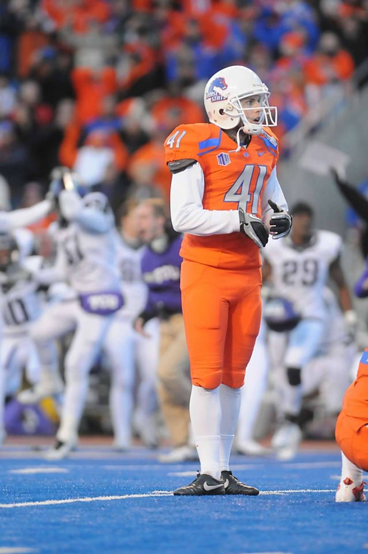 Boise State kicker Dan Goodale reacts after missing a field goal in the final seconds of an NCAA college football game against TCU on Saturday, Nov. 12, 2011 in Boise, Idaho. Boise State lost 36-35. (AP Photo/Idaho Press-Tribune, Charlie Litchfield) MANDATORY CREDIT