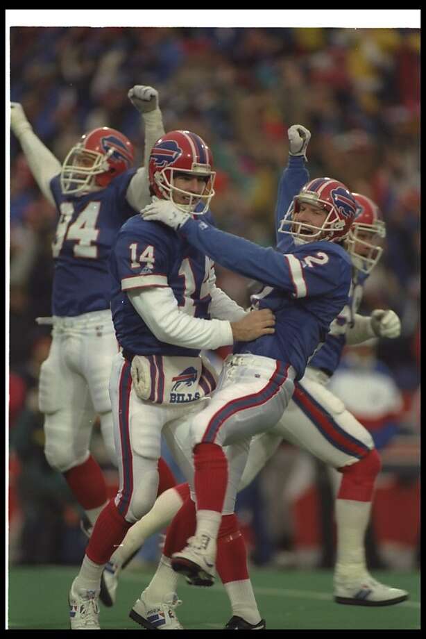 2. So good they call it "The Comeback." The 1993 Buffalo Bills rallied from down 32 points to defeat the Houston Oilers in overtime, 41-38. Kicker Steve Christie (seen here) sealed the win with a 32-yard field goal.

YES WE KNOW WE SHOULDN'T BE CELEBRATING THIS BUT WE CAN DO THIS VERY THING TO THE RED SOX.  Photo: Rick Stewart