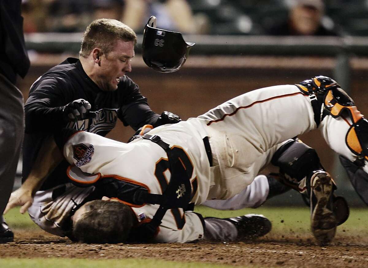 Florida Marlins' Scott Cousins, top, collides with San Francisco Giants catcher Buster Posey (28) on a fly ball from Emilio Bonifacio during the 12th inning of a baseball game in San Francisco, Wednesday, May 25, 2011. Cousins was safe for the go ahead run and Florida won 7-6. (AP Photo/Marcio Jose Sanchez) Ran on: 05-27-2011 Buster Posey sustained a fractured fibula and torn ankle ligaments from this collision with Floridas Scott Cousins. Ran on: 05-27-2011 Buster Posey sustained a fractured fibula and torn ankle ligaments from this collision with Floridas Scott Cousins. Ran on: 07-17-2011 Marlins outfielder Scott Cousins collides with Giants catcher Buster Posey on May 25 in the injury heard round baseball. Ran on: 08-12-2011 Like Buster Posey, Scott Cousins (top) has ended up on the disabled list.