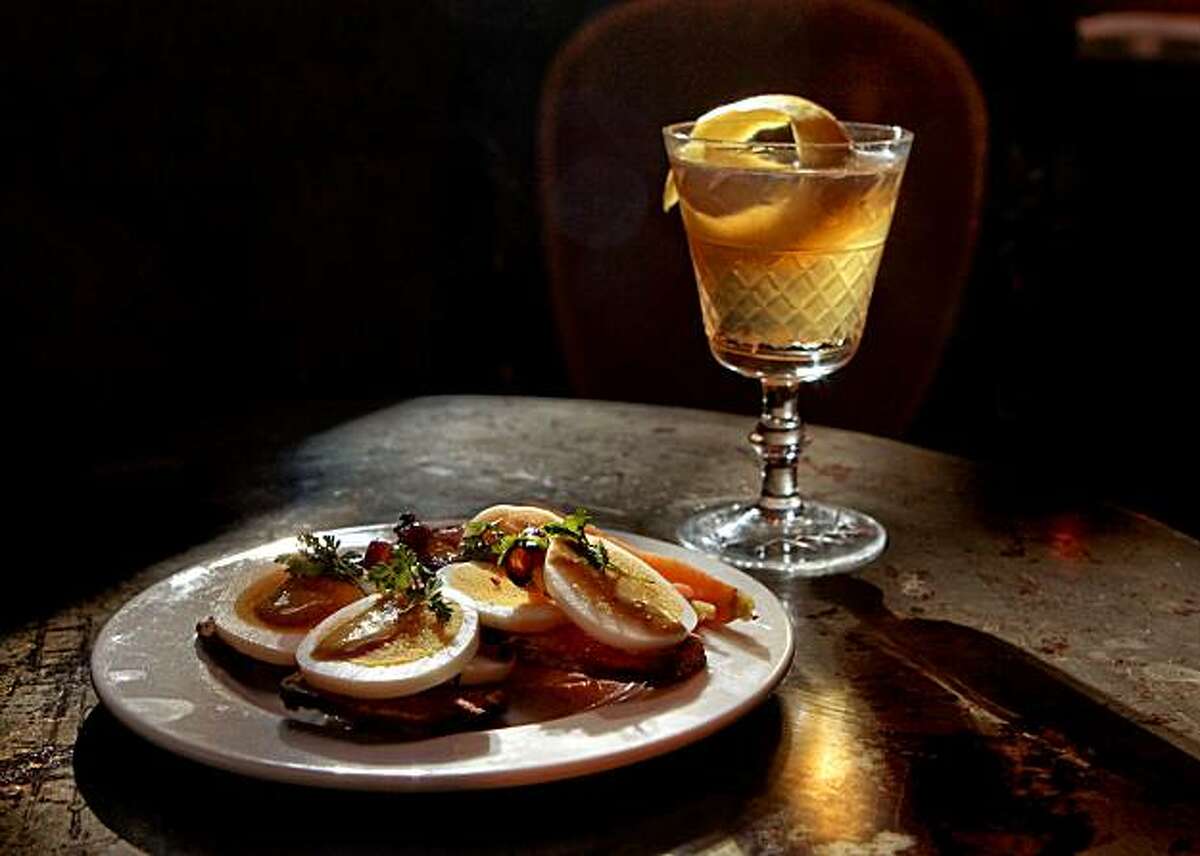 The Hangtown Toast, (pickled eggs) with a Whiskey Whimsy at the Comstock Saloon in San Francisco, Calif., is seen on Wednesday February 16th, 2011.