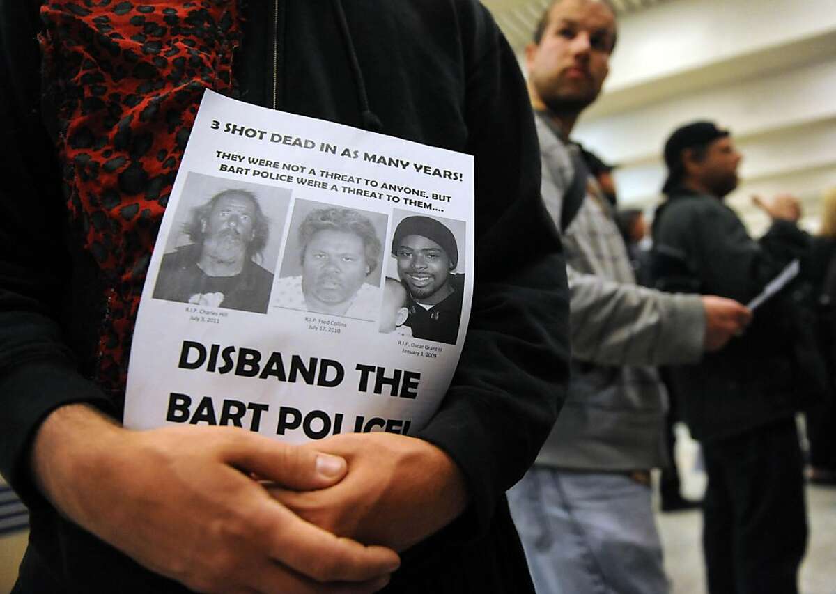 Protesters gathered at the Civic Center Platform on July 11, 2011. The protest was held where Charles Hill was killed by BART police on July 2, 2011.