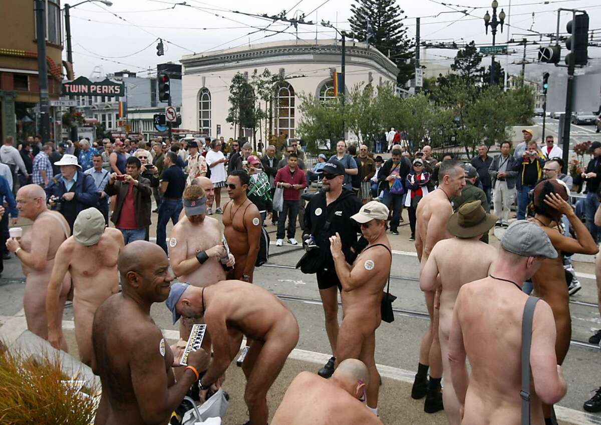 Nudists gather for a nude-in at Castro and 17th streets in San Francisco, C...