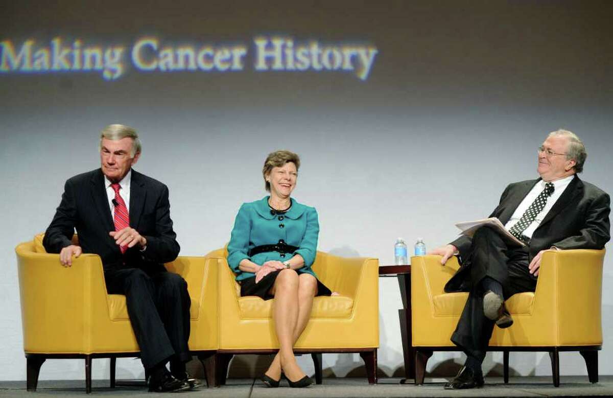 Veteran journalists Sam Donaldson, left, Cokie Roberts and Tom Johnson chat onstage during the MD Anderson "A Conversation with a Living Legend" luncheon at the Rivercenter Marriott on Tuesday.