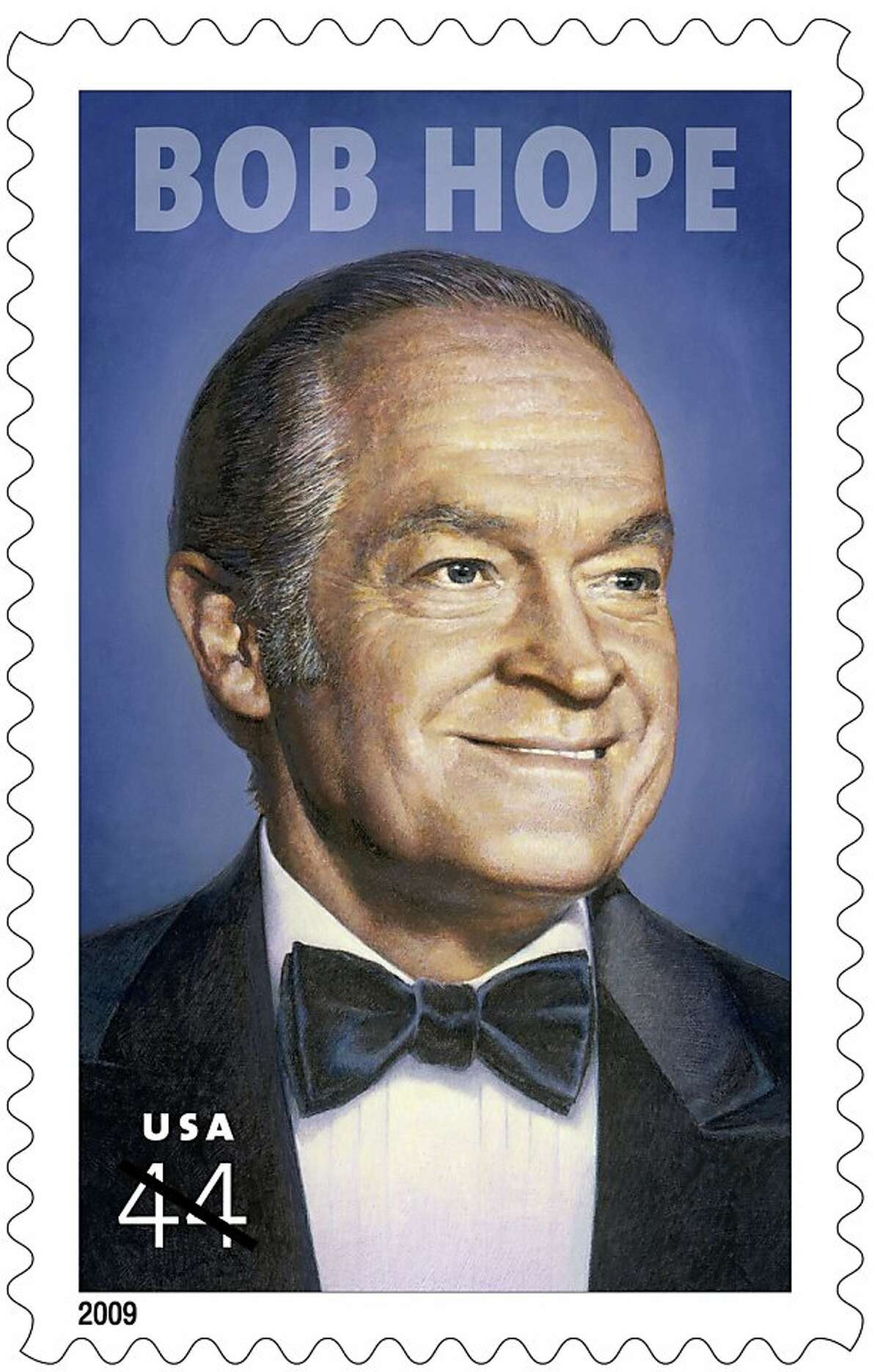 This undated handout image provided the the U.S. Postal Service shows the 44-cent postage stamp honoring Bob Hope. The comedian famed for his tireless travel to entertain American servicemen and women around the world is being honored with a 44-cent postage stamp Friday in ceremonies aboard the U.S.S. Midway in San Diego. (AP Photo/USPS) Ran on: 05-29-2009 The Bob Hope stamp honors his travel to entertain troops. Ran on: 05-29-2009 The Bob Hope stamp honors his travel to entertain troops.