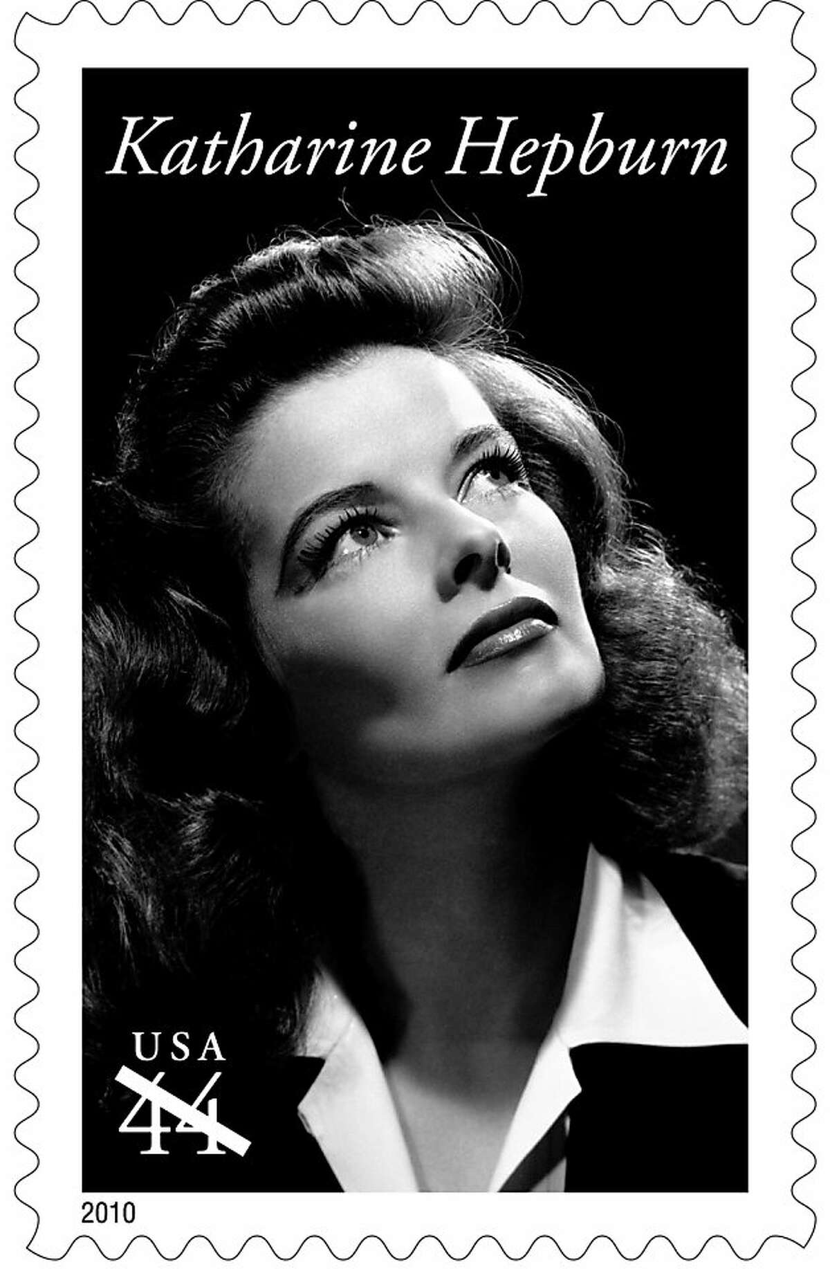 This undated handout photo provided by the U.S. Postal Service shows a first-class postage stamp showing Katharine Hepburn, that will go on sale nationwide Wednesday. Katharine Hepburn is 16th movie star in Legends of Hollywood stamp series. (AP Photo/USPS) Ran on: 05-14-2010 Katharine Hepburn receives rare honor.