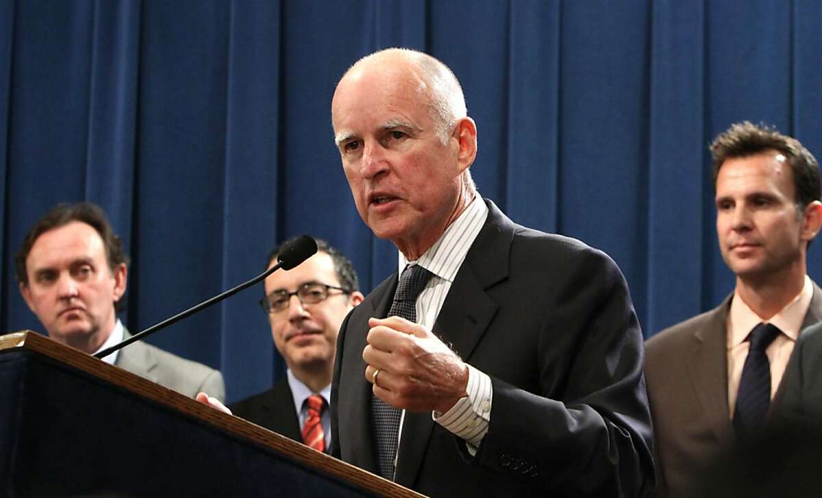 Gov. Jerry Brown discusses his California Jobs Frist Plan during a Capitol news conference in Sacramento, Calif., Thursday, Sept. 8, 2011. The plan, unveiled, Tuesday, will ask lawmakers to change a tax formula that benefited large, out-of-state corporations. Also seen is Art Pulaski, of the California Labor Federation,left, Assemblyman Bob Blumenfield, D-Sherman Oaks, center and Assembly Cameron Smyth, R-Santa Clarita, who support the plan.(AP Photo/Rich Pedroncelli) Ran on: 09-09-2011 Gov Jerry Brown discusses his jobs package alongside backers Art Pulaski (left), Bob Blumenfield and Cameron Smyth. Ran on: 09-09-2011 Gov Jerry Brown discusses his jobs package alongside backers Art Pulaski (left), Bob Blumenfield and Cameron Smyth. Ran on: 09-09-2011 Gov Jerry Brown discusses his jobs package alongside backers Art Pulaski (left), Bob Blumenfield and Cameron Smyth. Ran on: 09-09-2011 Gov Jerry Brown discusses his jobs package alongside backers Art Pulaski (left), Bob Blumenfield and Cameron Smyth. Ran on: 09-27-2011 Gov. Jerry Brown signed 38 bills into law and vetoed four. Ran on: 10-03-2011 Gov. Jerry Brown signed the legislation that counters an effort that was started in San Francisco. Gov. Jerry Brown signed the bill that prevents local governments from enacting laws on the procedure.