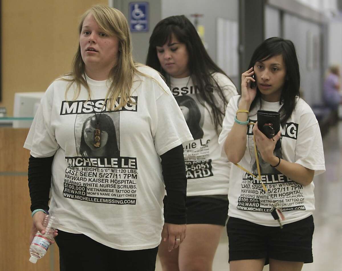 Friends of missing nursing student Michelle Le, Shelby Sherry (left), Tamara Contreras (center) and Ysabella Malig (right) arrive at the Alameda County Superior Courthouse in Hayward, Calif. on Thursday, Sept. 8, 2011, before arraignment proceedings for murder suspect Giselle Esteban were postponed because of a medical issue. Estaban is accused of murdering Michelle Le back in May, who's body has not been recovered.