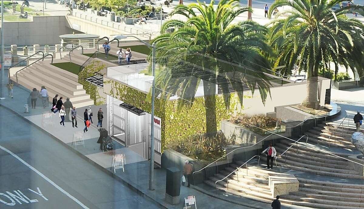 The Central Subway station at Union Square would slide a new structure near the southeast corner, although the design is intended to blend with time into the popular space by means of planted vines.
