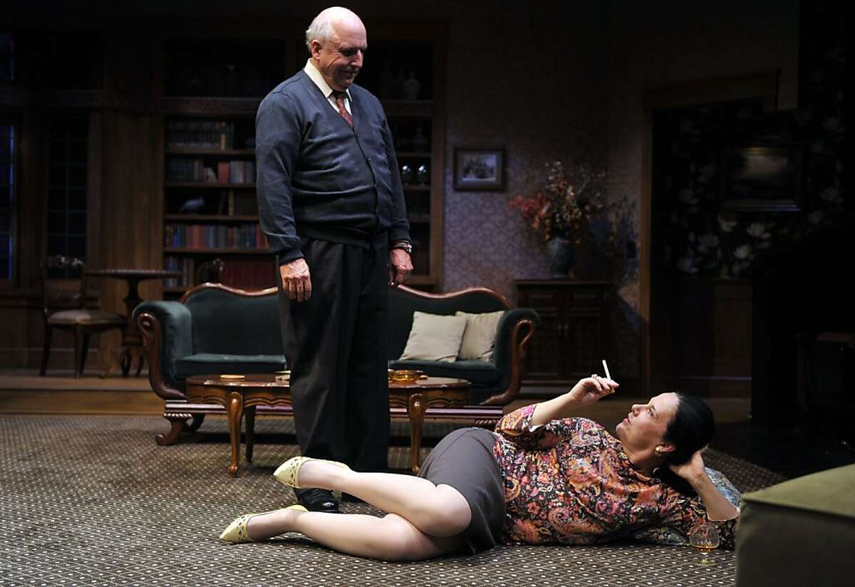 Tobias (Ken Grantham, left) and his sister-in-law Claire (Jamie Jones) discuss alcoholism, infidelity and his wife in Edward Albee's "A Delicate Balance" at Aurora Theatre