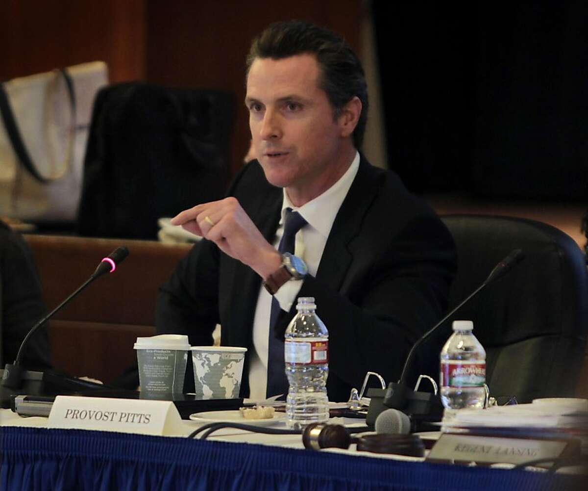 Lt. Gov. Gavin Newsom passionately explains to his colleagues on the UC Board of Regents why he's voting against a proposed 9.6 percent raise in tuition fees in San Francisco, Calif. on Thursday, July 14, 2011. Despite, Newsom's pleas, the board voted 14-4 to approve the hike. Ran on: 09-08-2011 Lt. Gov. Gavin Newsom proposed a growth and competitiveness agenda in July, with trade office plans for China and Brazil.