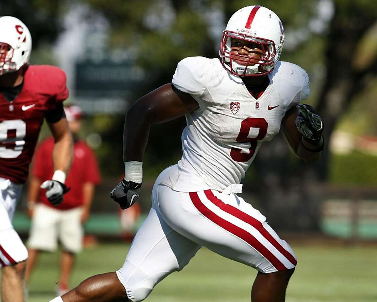 Stanford outside linebacker James Vaughters (9) takes part in a kick off return drill during team practice Thursday August 25, 2011.