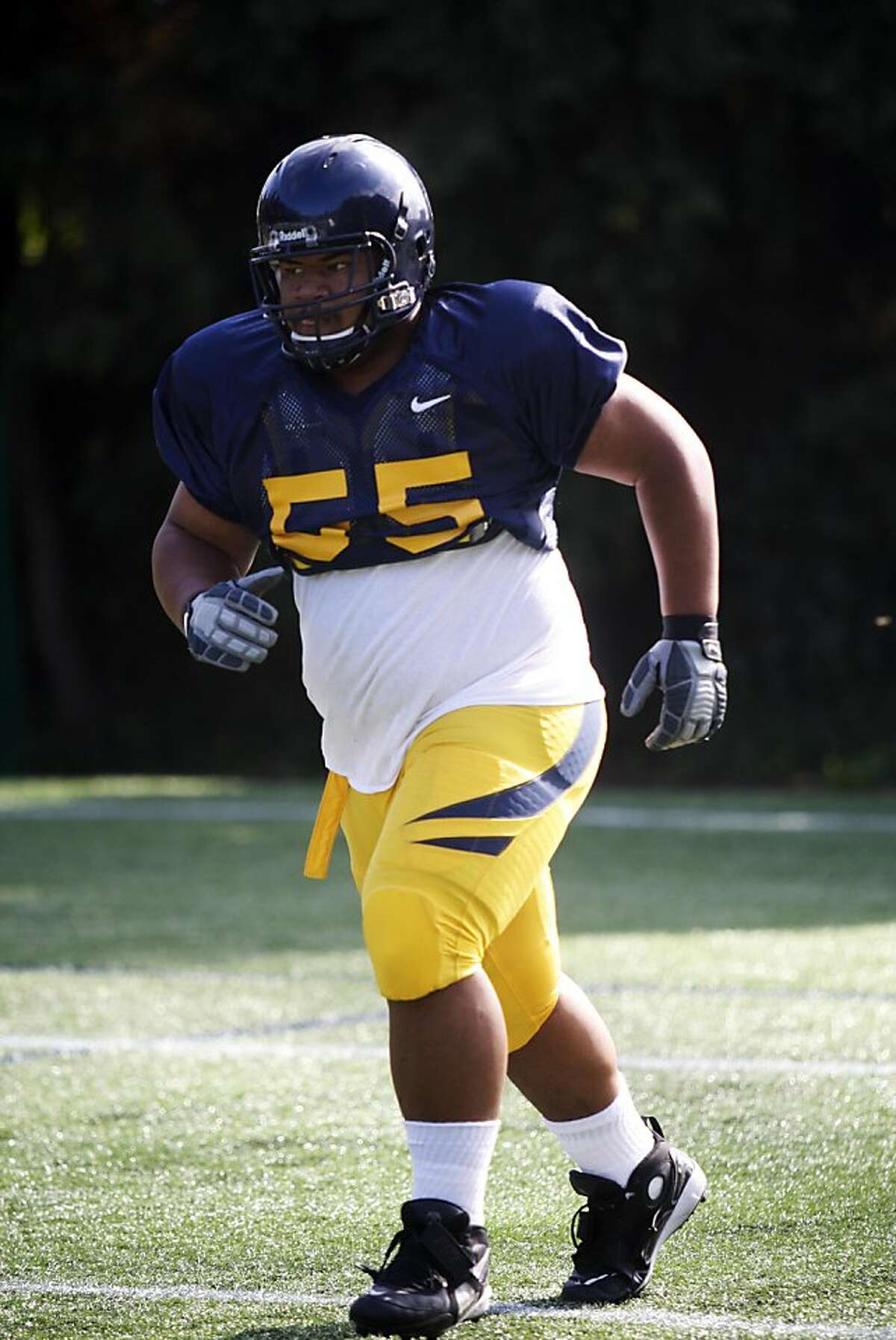 Number 55 Viliami Moala practices with the Cal Bears football team on Witter Rugby Field above Cal Campus on Wednesday, August 10, 2011 in Berkeley, Calif.