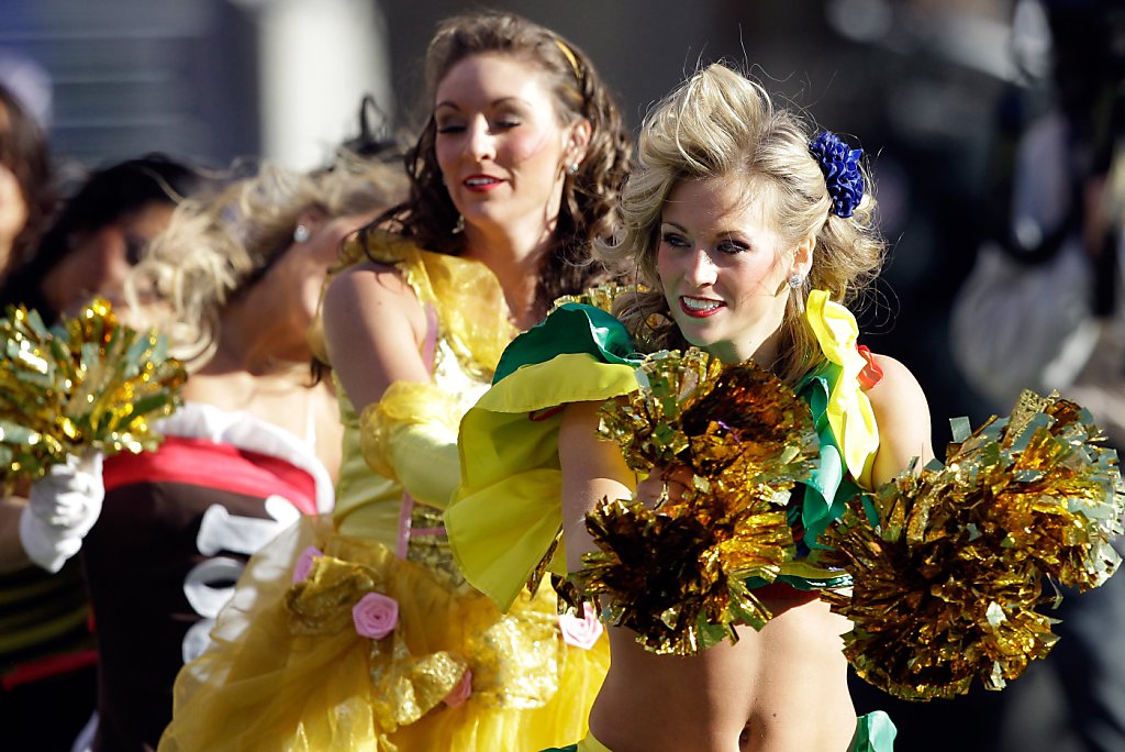 San Francisco 49ers cheerleaders are shown in Halloween costumes in the  third quarter of an NFL football game against the Cleveland Browns in San  Francisco, Sunday, Oct. 30, 2011. (AP Photo/Marcio Jose