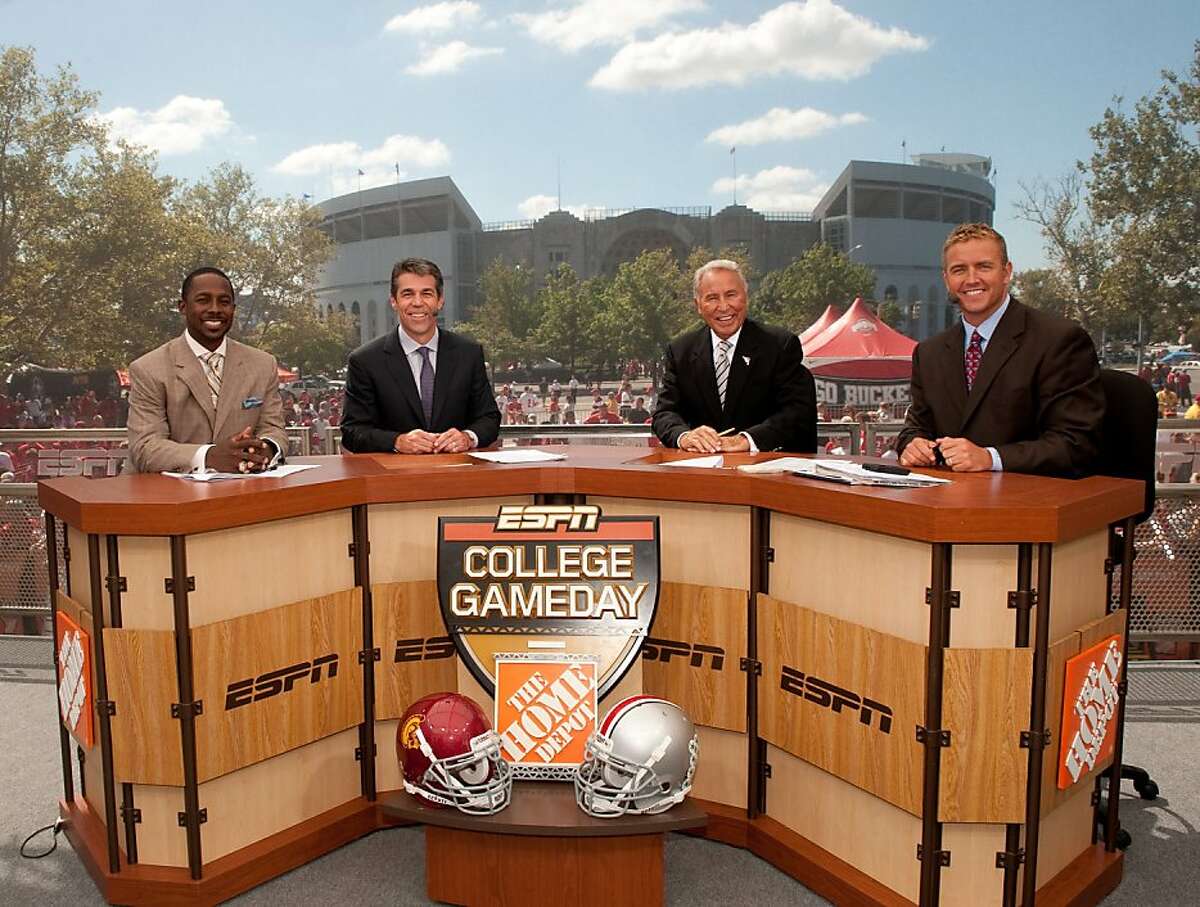 The College GameDay set, with Desmond Howard, Chris Fowler, Lee Corso and Kirk Herbstreit, will be at Stanford this week for the big game against Oregon.