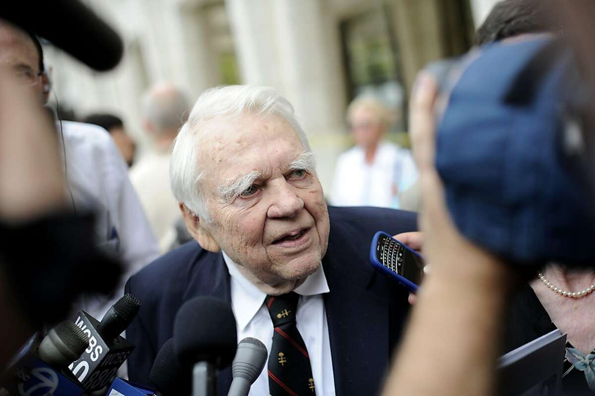 FILE - In this Aug. 9, 2009 file photo, 60 Minutes' Andy Rooney, center leaves the Celebration of Life Memorial ceremony for Walter Cronkite at Avery Fisher Hall in New York. CBS says former "60 Minutes" commentator Andy Rooney died Friday, Nov. 4, 2011, at age 92. (AP Photo/Stephen Chernin, File) Ran on: 11-06-2011 Andy Rooney, shown leaving the memorial ceremony for Walter Cronkite in August 2009, delivered his farewell TV commentary five weeks ago.