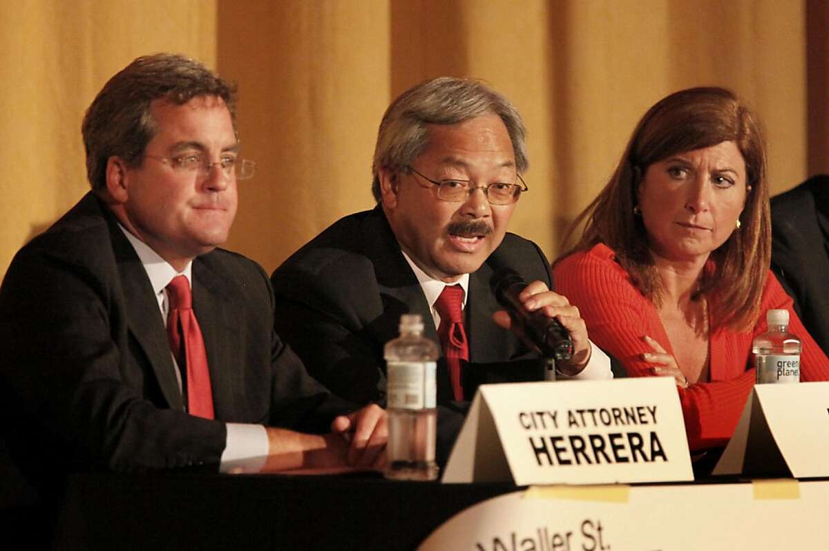 Mayor Ed Lee (center) was almost drowned out by the boos in the crowd as the first question came his way. Dennis Herrera is at left, Joanna Rees is at right. San Francisco Mayor Ed Lee made his first appearance as a declared candidate at a debate held at the Castro Theatre and sponsored by the Duboce Triangle Neighborhood Association. Ran on: 08-09-2011 New contender Ed Lee (center) answers a question at a mayoral candidates forum at the Castro Theatre. Ran on: 08-09-2011 Mayor Ed Lee (center), flanked by Dennis Herrera and Joanna Rees, answers a question at a mayoral candidates forum.