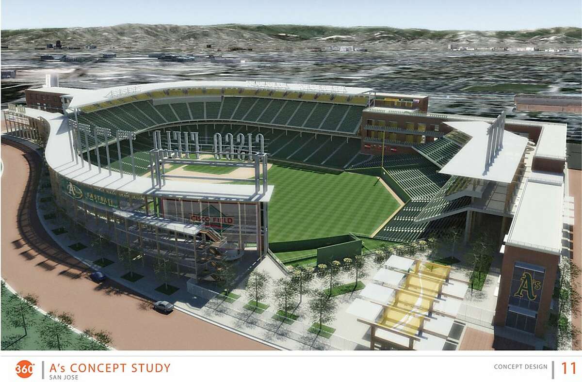 A rendering of the proposed San Jose A's ballpark, situated south of Diridon Station in downtown San Jose.