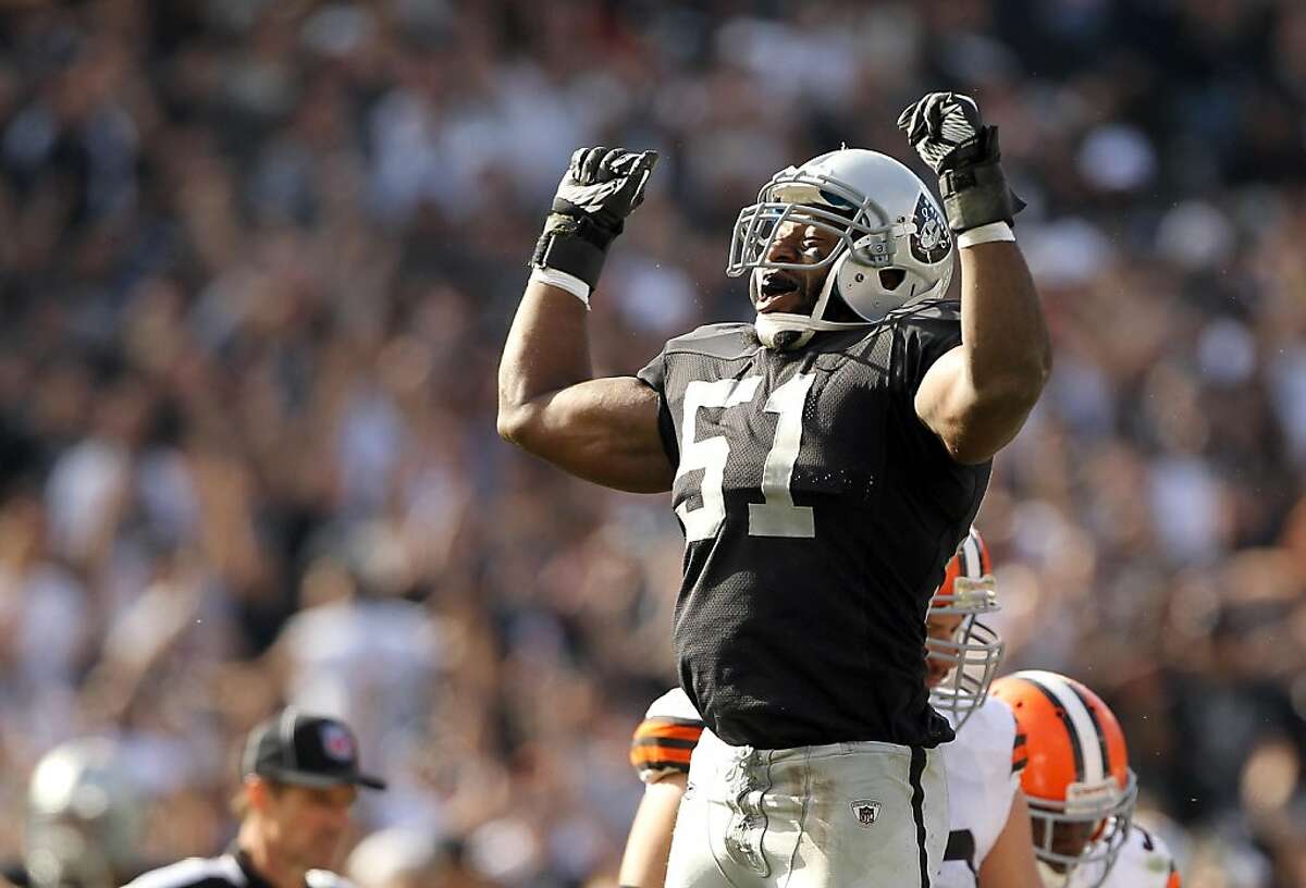 OAKLAND, CA - OCTOBER 16: Aaron Curry #51 of the Oakland Raiders celebrates after the Raiders recovered a fumble by the Cleveland Browns at O.co Coliseum on October 16, 2011 in Oakland, California. (Photo by Ezra Shaw/Getty Images)