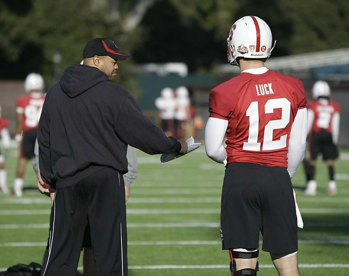 This photo made Feb. 23, 2011, shows Stanford quarterback Andrew Luck, right, listening to head coach David Shaw, left, during an NCAA college football practice on the Stanford University campus in Stanford, Calif. Luck knows there will be a ton of pressure and pageantry that will follow him next fall as the presumptive Heisman Trophy favorite. He still has no regrets about returning to the Cardinal or turning down being the likely No. 1 pick in the NFL draft this year. (AP Photo/Paul Sakuma) Ran on: 02-26-2011 At the top of the list of adjustments for Andrew Luck in 2011 is a new head coach, David Shaw (left). Ran on: 02-26-2011 At the top of the list of adjustments for Andrew Luck in 2011 is a new head coach, David Shaw (left).