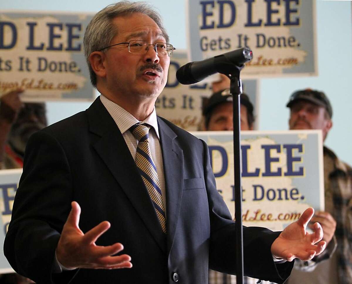 Interim San Francisco Mayor and mayoral candidate Ed Lee speaks during a news conference where he was endorsed by Lt. Governor Gavin Newsom on Monday, Oct. 24, 2001, in San Francisco, Calif.